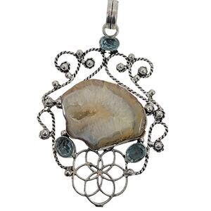 Druzy Agate Pendant – With Blue Topaz Accents + 20" Silver Snake Chain